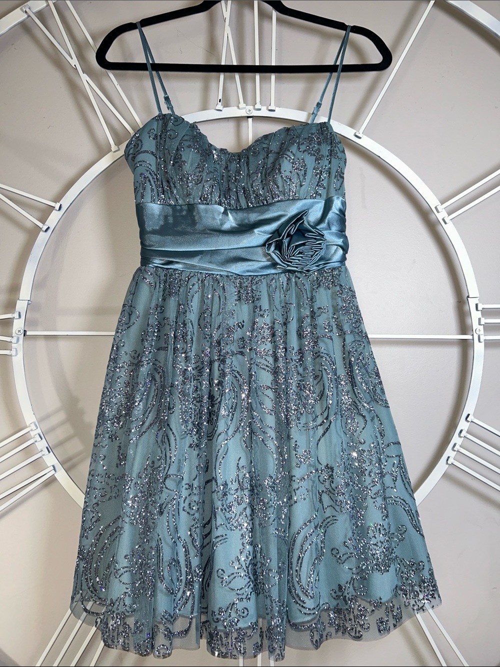 B. Smart Teal Glitter Mesh Fairy Babydoll Spaghetti Strap Mini Dress
